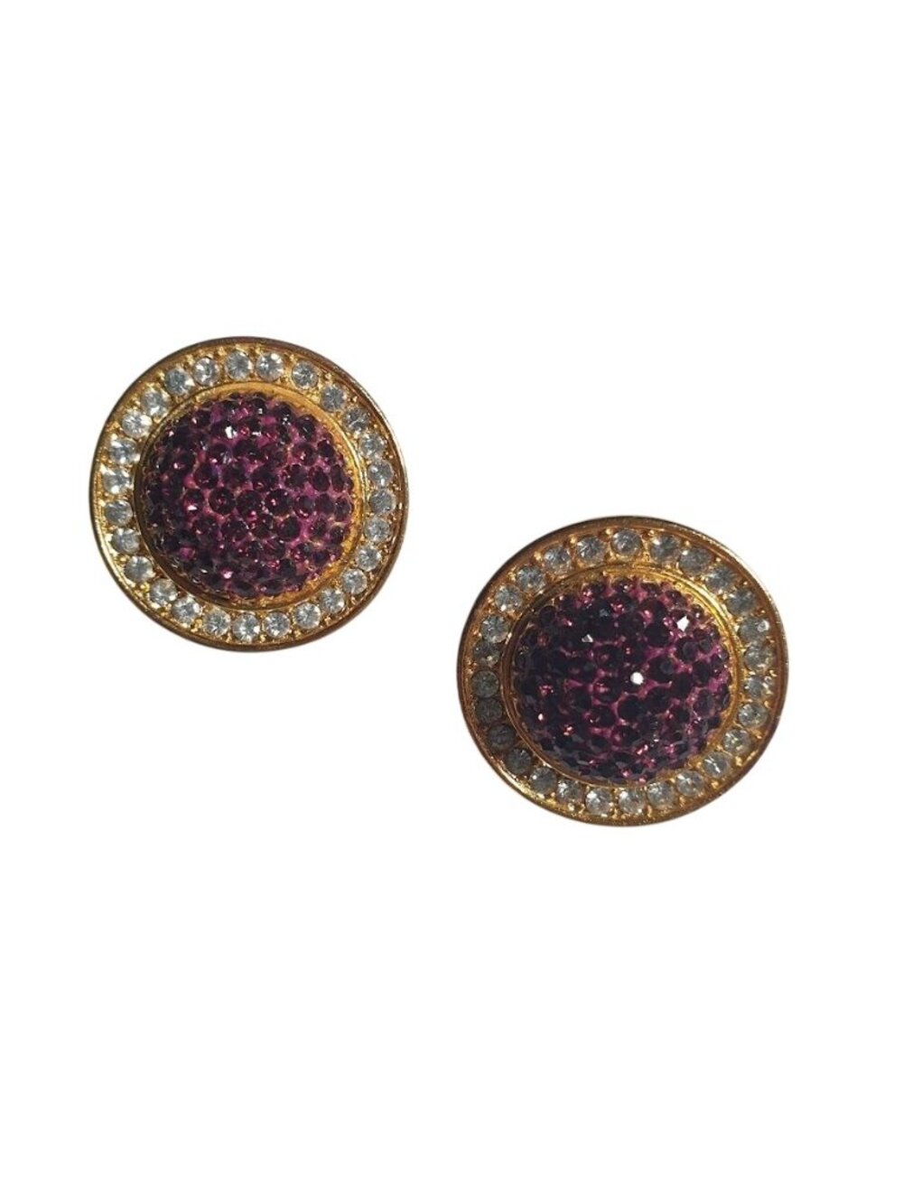 Round Gold Tone Rhinestone Clip On Earrings Purple Crystal Accent 1.25 In NEW